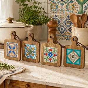 Sous-verres rectangulaires en bois, artisanaux, de style indien traditionnel et méditerranéen, résistants à la chaleur, pour la décoration de table, par UO INDIA CRAFT - Product Image 1