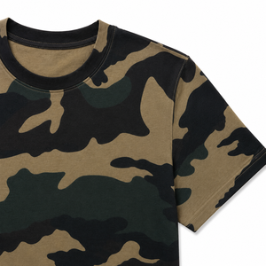 เสื้อยืดผู้ชายลายพรางพิมพ์ลาย AOP แฟชั่นทันสมัย ผ้าฝ้าย 100% คอกลม แขนสั้น สวมใส่สบายๆ สำหรับกิจกรรมกลางแจ้งทุกฤดู รับผลิตแบบ OEM/ODM - Product Image 5