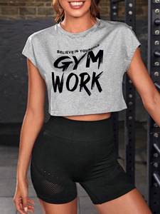 Haut de sport gris décontracté pour femme, col rond, manches courtes, 100 % coton, écologique, respirant et anti-humidité - Product Image 4