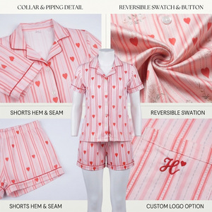 Ensemble pyjama et short de détente rose en satin de coton écologique respirant à col en V et taille élastique pour femme - Product Image 4