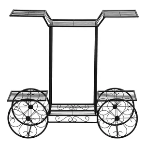 Chariot à fleurs en métal noir avec roues décoratives et étagères multi-niveaux pour jardin, patio, événements et présentations - Product Image 1