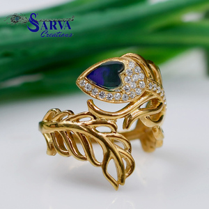 Luxury Blue Enamel Heart <b>Ring</b> <b>Gold</b> Plated 925 Sterling Silver Moissanite Accent Leaf Design Statement <b>Cocktail</b> Jewelry for Women - Product Image 6