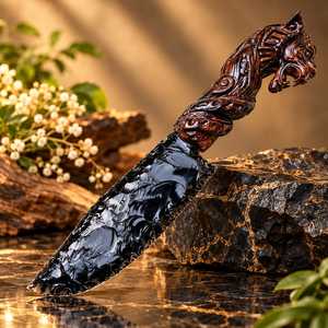 Dague décorative en obsidienne noire de 10 pouces avec manche sculpté en panthère, objet d'art gothique fait main pour collection et exposition - Product Image 5