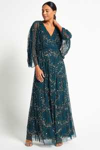 Vestido de Noche Maxi Vintage Verde Azulado con Lentejuelas, Cuello en V, Manga Linterna, Cintura Imperio, de Gasa, Corte A y Logotipo Frontal - Product Image 5