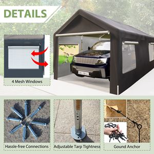 Tenda a baldacchino in acciaio resistente 10x20 con finestre ventilate avvolgibili, garage grigio con pareti laterali rimovibili e porte - Product Image 3