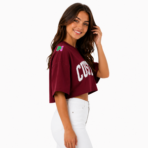 Camiseta Corta para Mujer, Color Granate, con Estampado de Letras Personalizado, Cuello Redondo, Manga Corta, Corte Holgado, Informal, Primavera-Verano, 100% Algodón Jersey - Product Image 2