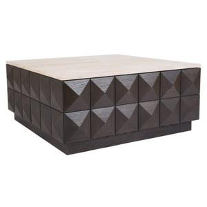 Table basse moderne de style mid-century avec plateau en marbre et structure en fer, panneaux géométriques foncés, meuble de rangement pour salon - Product Image 1