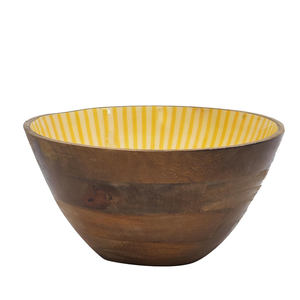 Bol en bois fait main avec intérieur rayé jaune, design moderne pour servir les aliments, usage domestique - Product Image 2