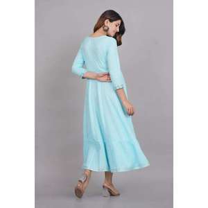 Robe midi décontractée 100 % coton bleu ciel, broderie, col bijou, vêtements ethniques pour femmes, taille naturelle, qualité export - Product Image 4