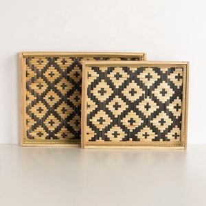 Offre Spéciale main tissé Vietnam Gros naturel bambou tissé plateau rectangulaire plateau de service noir et couleur naturelle - Product Image 1