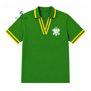 Chi Eta Phi Sorority Polo Shirt Women's Pique Green Yellow Stripe V-Neck Knit Short Sleeve Embroidered Crest Collared Tee - Product Image 1