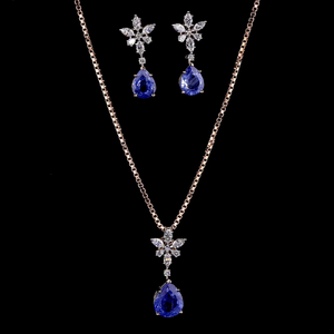 Elegante colgante de perla marquise y circonita redonda brillante cultivada en laboratorio con piedra azul de laboratorio y pendientes a juego | Conjunto de Joyería de Diamantes para Novia - Product Image 1
