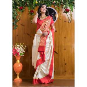 Sari traditionnel en soie douce Banarasi avec travail de dentelle Zari et blouse non cousue, blanc - Product Image 1