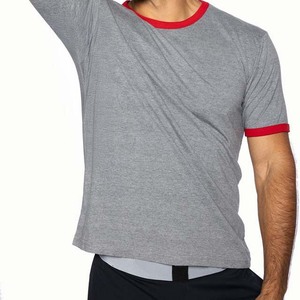 Camiseta Gris para Hombre, Cuello Redondo, Manga Corta, Ribete en Contraste, Corte Regular, Casual, 100% Algodón Tejido, Color Sólido - Product Image 3