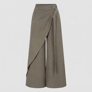 Pantalon en laine taille haute coupe droite, plissé devant, fermeture boutonnée, couleur unie, formel, longueur complète, coupe classique, pour l'automne - Product Image 5