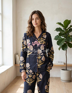 Premium Navy Blue Hand Block Printed Cotton Summer Night <b>Suit</b> Set Women Full-Sleeve Button-Down Shirt Straight-Fit <b>Pyjamas</b> - Product Image 3