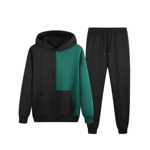 Ensemble survêtement homme color block : sweat à capuche et pantalon de jogging, style décontracté automne, noir et vert, en coton - Product Image 1