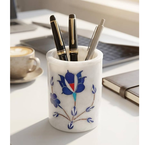Organisateur de bureau élégant fait main en marbre blanc avec incrustation florale, très demandé - Product Image 5