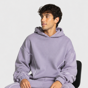 เสื้อฮู้ดดี้ผู้ชาย OEM สีลาเวนเดอร์ แต่งขอบตัดกัน สไตล์ลำลอง ทรงโอเวอร์ไซส์ เสื้อสเวตเชิ้ตผู้ชาย ผ้าฟลีซพรีเมียม เสื้อฮู้ดดี้แบบสวมหัว - Product Image 4