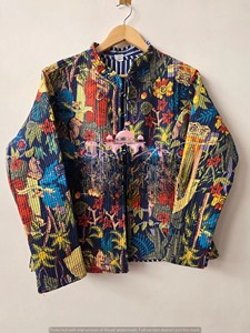 Handmade Kantha Quilted <b>Jacket</b> For Women Cotton Quilted Coat Block Print Indian Outerwear Floral Jungle Print Boho <b>Blazer</b> - Product Image 3