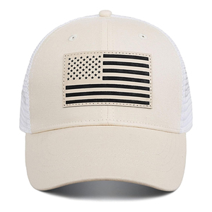 Gorra Trucker Unisex con Parche de Bandera Americana, Malla Beige, Cierre Trasero Ajustable de 6 Paneles, Estilo Casual, Gorra para Adulto con Bloques de Color y Perlas - Product Image 1