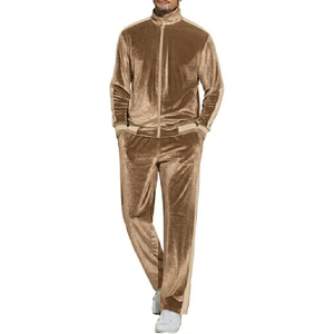 Ensemble de survêtement en velours marron pour homme, 2 pièces, fermeture éclair intégrale, couleur unie, décontracté, avec poches latérales, coupe classique, pour l'automne - Product Image 1