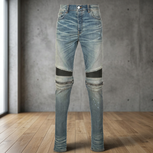 European American High Street Style Polyester/Cotton Patch Zipper Biker Small Foot Slim Fit Stretch Stonewashed <b>Winter</b> Mid <b>Jeans</b> - Product Image 4