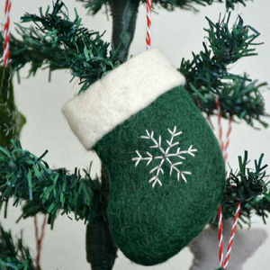 Handmade Green Felt <b>Christmas</b> <b>Stockings</b> Ornament with White Snowflake Embroidery Hanging String - Product Image 3