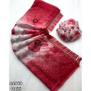 DISEÑADOR GEORGETTE IMPRESIÓN DIGITAL TRABAJO SAREE CON BLUSA SIN COSTAR ROJO - Product Image 1