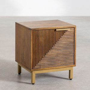 Table de chevet moderne en bois de manguier, armoire latérale en bois brun avec porte cannelée pour chambre à coucher et salon - Product Image 2
