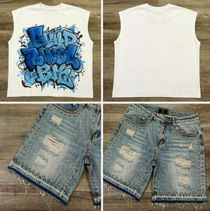 Camiseta sin mangas para hombre con estampado de grafiti azul, estilo urbano, cuello redondo, conjunto de camiseta muscular de algodón para verano - Product Image 2