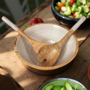 Handcrafted Mango Wood Bowl Set Enamel Print Matching Spoons Mango Wood Large Bowl with Enamel Print and <b>Serving</b> <b>Tongs</b> Set - Product Image 3