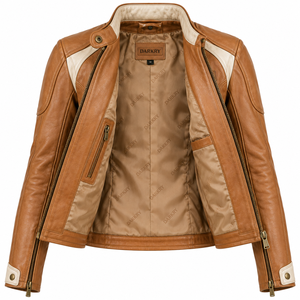 Blouson en cuir marron cognac pour femme, avec accents crème, col montant, style motard, coupe ajustée, poches zippées aux poignets, personnalisé, style Cafe Racer, vêtement d'extérieur - Product Image 5