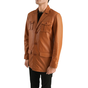 <b>Men's</b> Brown Genuine Leather Jacket Notched Lapel Single Breasted Long Coat with Pockets - Product Image 3