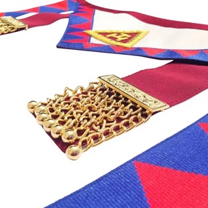 Embroidered Luxury Masonic Apron with Red Blue Geometric Pattern <b>Gold</b> Trim Customized Printing Safety Pin for Men - Product Image 4