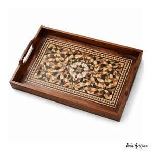 Bandeja de Servir Artesanal de Madera de Acacia con Incrustaciones, Diseño Abstracto, Decorativa para Bodas y Diwali, para Servir Té, Café y Comida - Product Image 1
