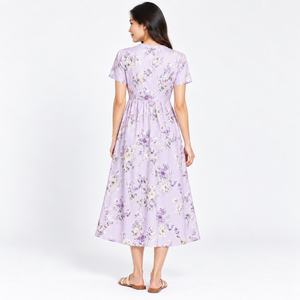 Vestido Midi Floral Lavanda para Mujer, Manga Corta, Cuello Asimétrico, Corte A, con Bolsillos, Casual, Verano, Venta al por Mayor, OEM, ODM, Ropa de Moda - Product Image 2
