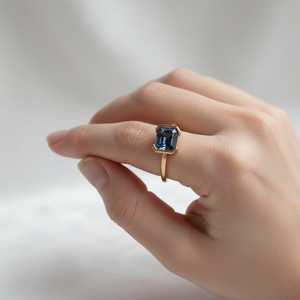 <b>Emerald</b> Cut Blue Sapphire <b>Ring</b> 925 Sterling <b>Silver</b> 14K Gold Plated Dainty Solitaire Engagement Handmade Promise <b>Ring</b> - Product Image 4