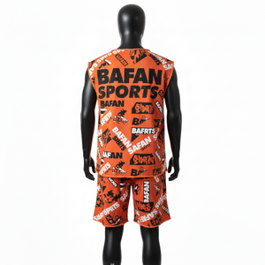 Conjunto de camiseta sin mangas y pantalones cortos para hombre, de poliéster suave, con estampado gráfico, sublimación, logotipo personalizado. - Product Image 2