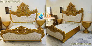 Cama tallada y mesitas de noche Estilo Vintage, mueble de dormitorio tallado a mano tradicional indio, parte trasera alta, cama tallada dorada - Product Image 3