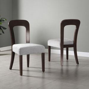 Set di 2 sedie da pranzo Wei, sedie laterali da cucina imbottite in tessuto grigio, gambe in legno massello di gomma marrone scuro, capacità di carico 330 libbre - Product Image 1
