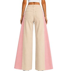 Jean large beige et rose pour femme, taille haute, en denim bicolore, style décontracté streetwear, pantalon tendance coupe ample - Product Image 2