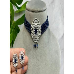 Ensemble collier ras-du-cou et boucles d'oreilles tendance en zircon blanc poli plaqué argent de qualité supérieure, aspect perle, pour mariage de luxe - Product Image 1