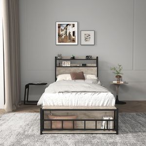 Solid Stable <b>Twin</b> <b>Bed</b> <b>Frames</b> with LED Headboard Charging Station Noise-Free No Box Spring Needed for Bedroom - Product Image 4