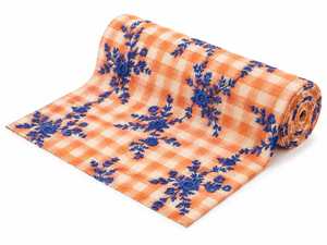Tissu en coton à carreaux orange de qualité supérieure, brodé en 3D – Motif floral audacieux pour vêtements et décoration intérieure - Product Image 3