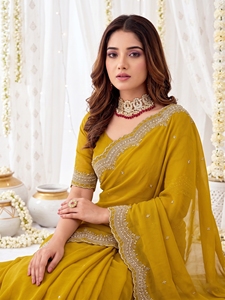 AARA Fashion <b>Yellow</b> Silk <b>Saree</b> Embroidered Border Traditional Indian Wedding Wear for Women Floor-Length Regular Fit Sun - Product Image 2