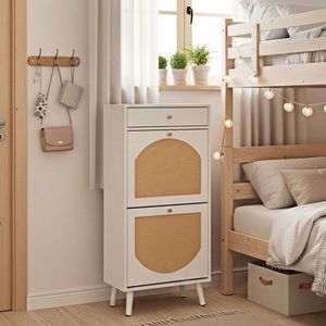 Scarpiera Bianca 54x24x110cm in Rattan con 1 Cassetto e 2 Scomparti Ribaltabili, Scatole e Organizzatori per Scarpe in Truciolato - Product Image 1
