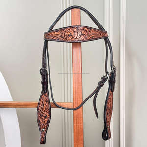 Vente en gros d'équitation Western têtière en cuir usiné à la main licou durable en cuir de vache véritable Type de rêne équipement de course de chevaux - Product Image 4