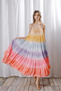 Vestido Maxi de Fiesta Formal Elegante para Otoño, Vestido de Mujer de Poliéster/Algodón con Estampado Tie-Dye Arcoíris, Corte A, Transpirable, Escote Redondo - Product Image 6