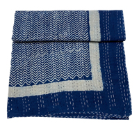 Couvre-lit en coton Kantha à motifs géométriques bleu indigo, cousu à la main, décoration traditionnelle indienne pour la maison, toutes saisons